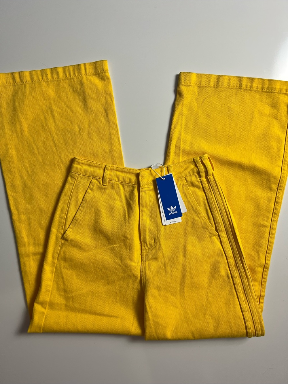 NWT Adidas x KSENIASCHNAIDER 3-Stripes Dyed Bold Gold Wide Leg Jeans, Size 26”